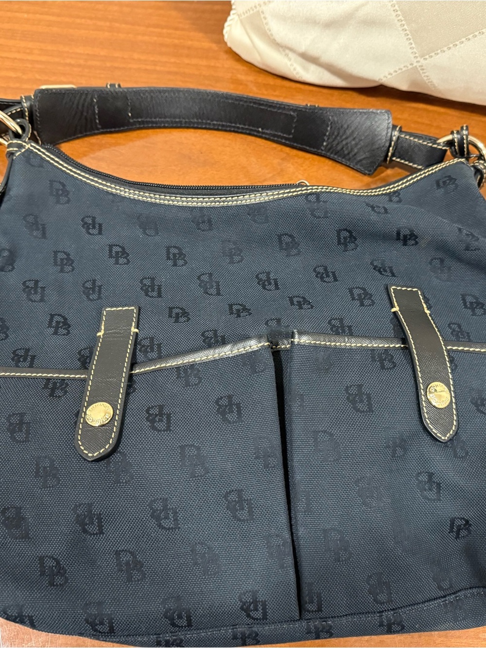 Dooney & Bourke Navy Signature Canvas Messenger Bag with Black Trim